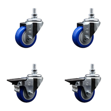 Service Caster 3 Inch Blue Polyurethane 12 Inch Threaded Stem Caster Set 2 Brakes SCC SCC-TS20S314-PPUB-BLUE-121315-2-PLB2